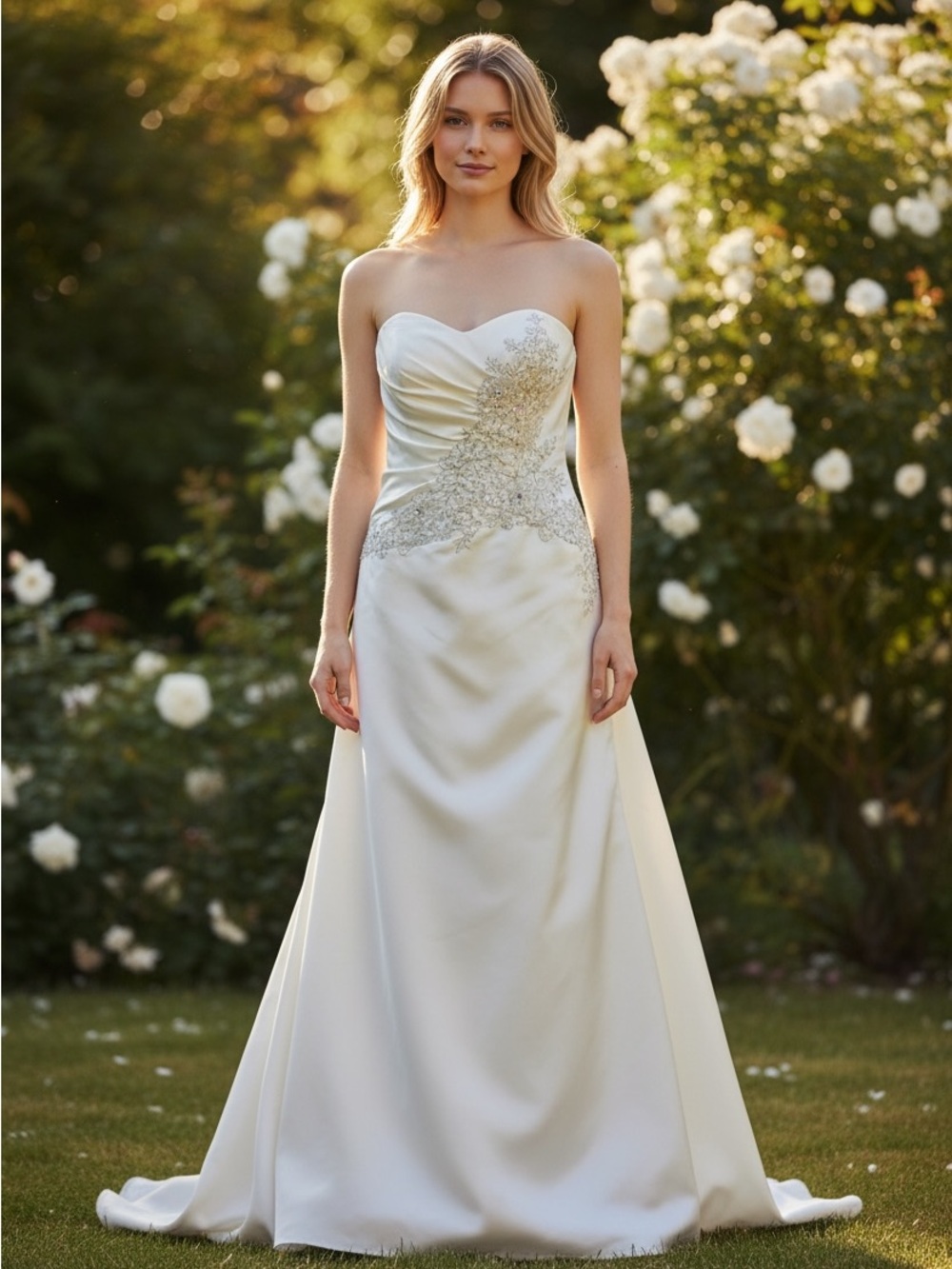 Ivory Satin Strapless Wedding Gown with Beaded Floral Appliqué